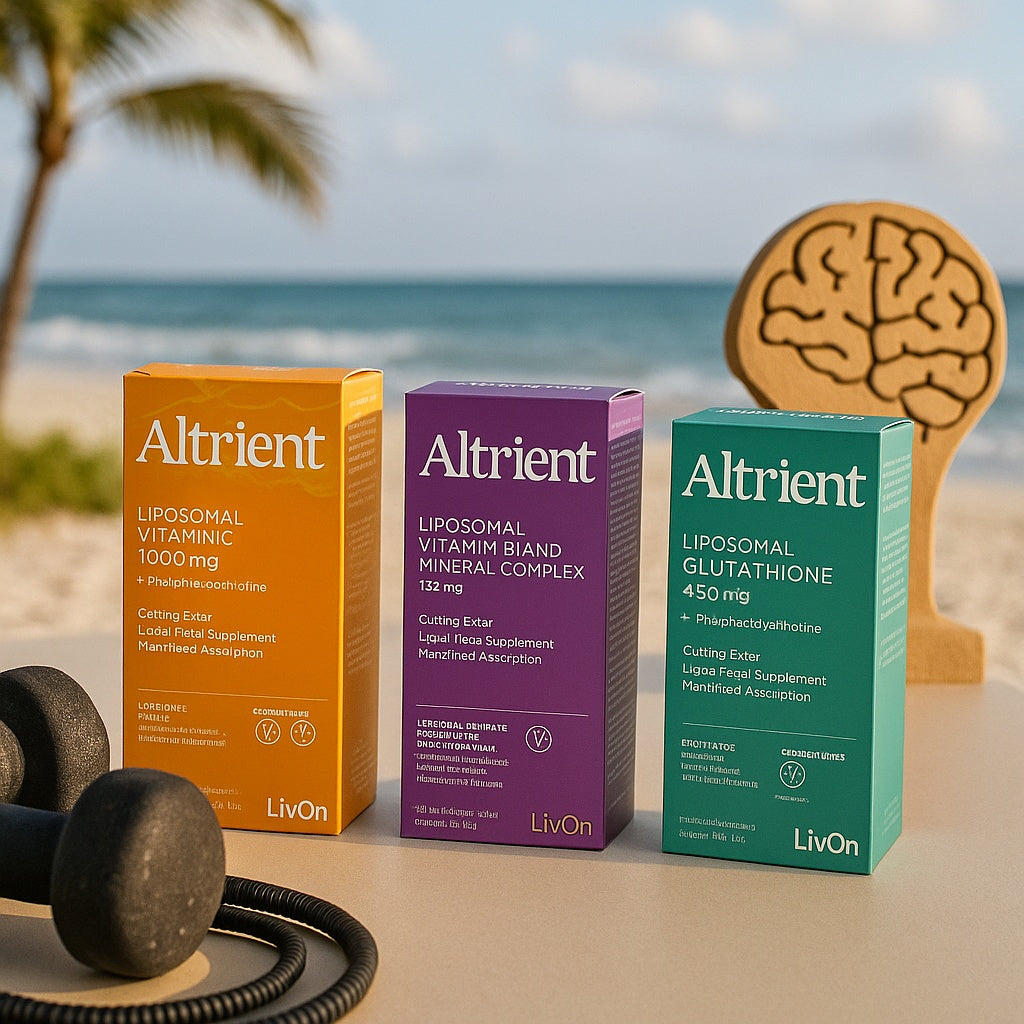 "Altrient Liposomal Vitamin C, B Complex, and Glutathione supplements displayed on a beach table with gym weights and a wooden brain model, symbolizing energy, detox, and cognitive support"