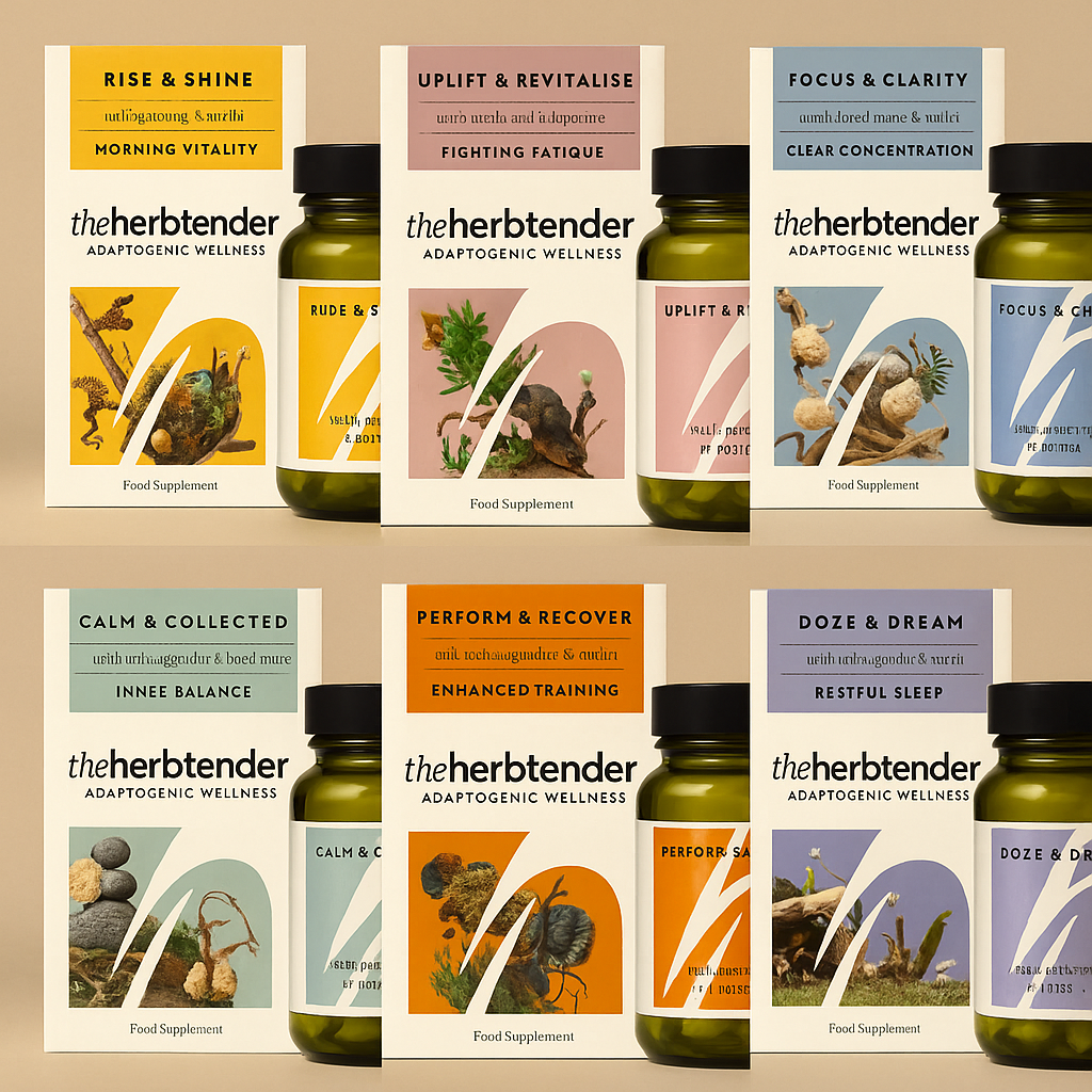 Six Herbtender Adaptogenic Supplements lined up on a neutral background, showcasing wellness blends including Calm & Collected, Focus & Clarity, Uplift & Revitalise, Perform & Recover, Rise & Shine, and Doze & Dream – available at Irish Health Store.