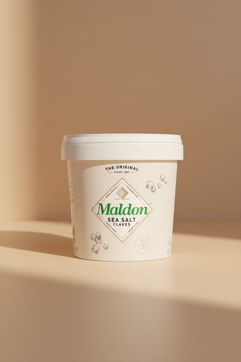 "Maldon Sea Salt in a 570g container, showcasing premium flaky texture."