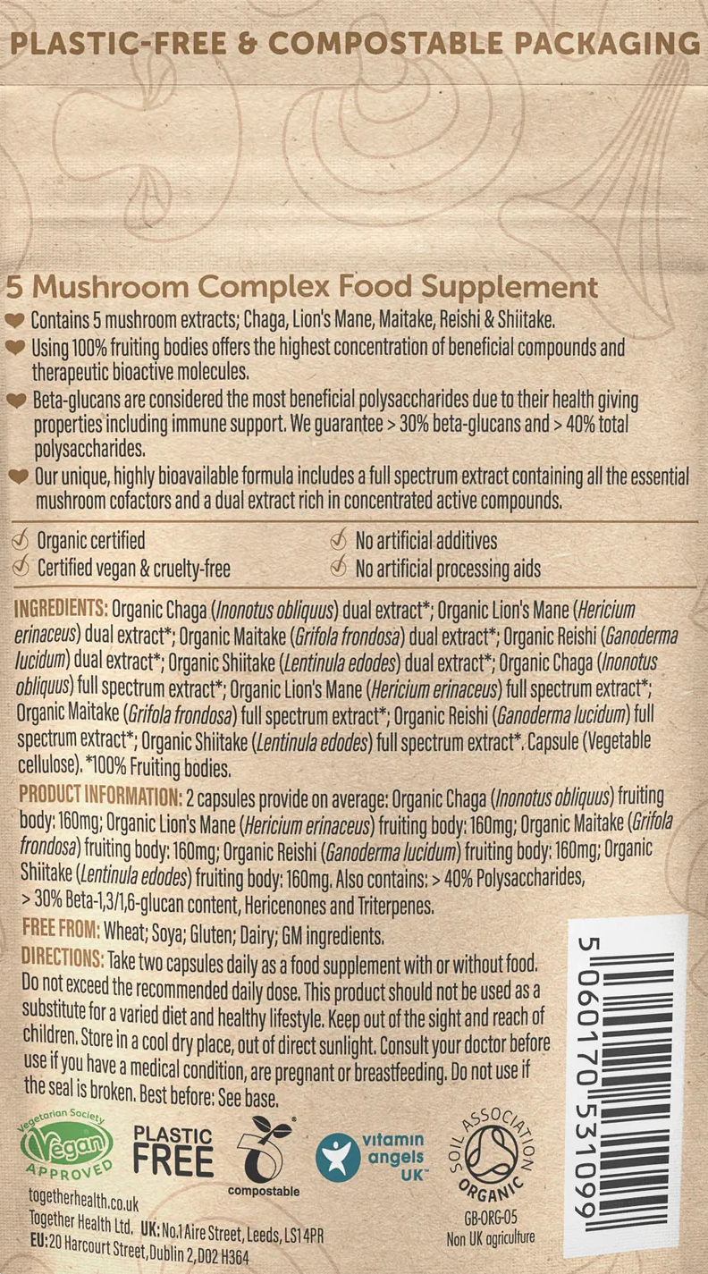 Back of a mushroom complex food supplement package with text and certification logos.