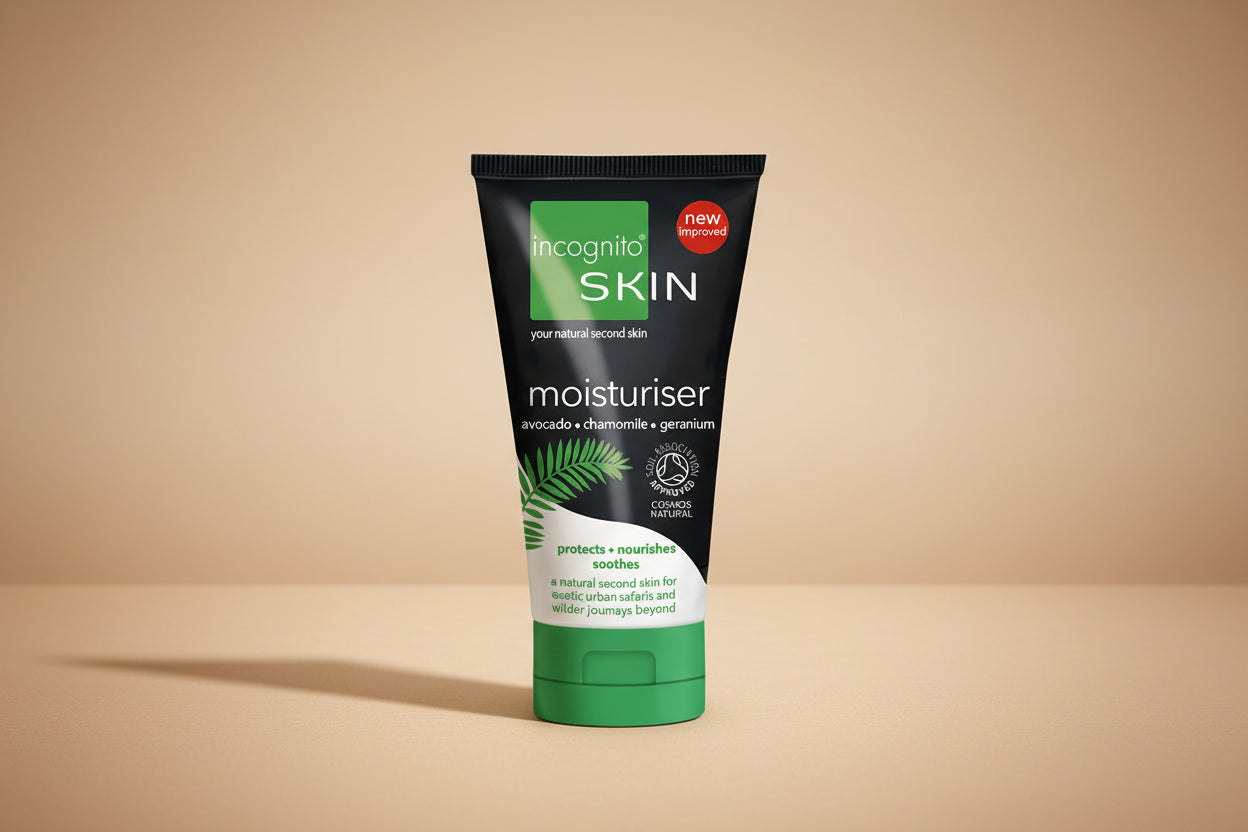 Incognito Skin moisturizer tube with green and black design on a white background