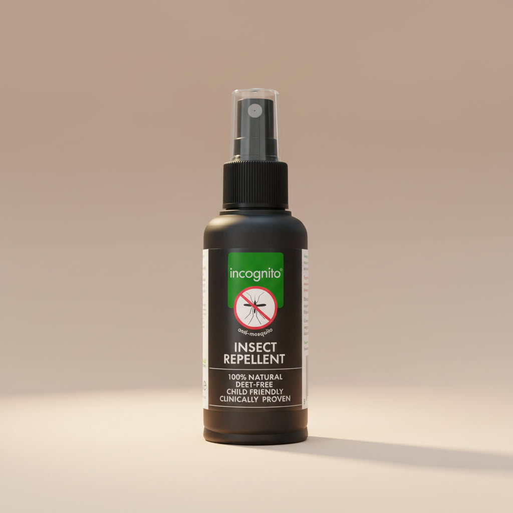 Insect repellent spray bottle with 'incognito' branding on a white background