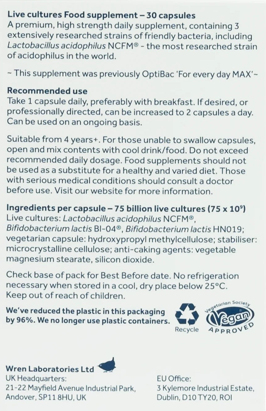 Supplement packaging with text and branding on a white background
