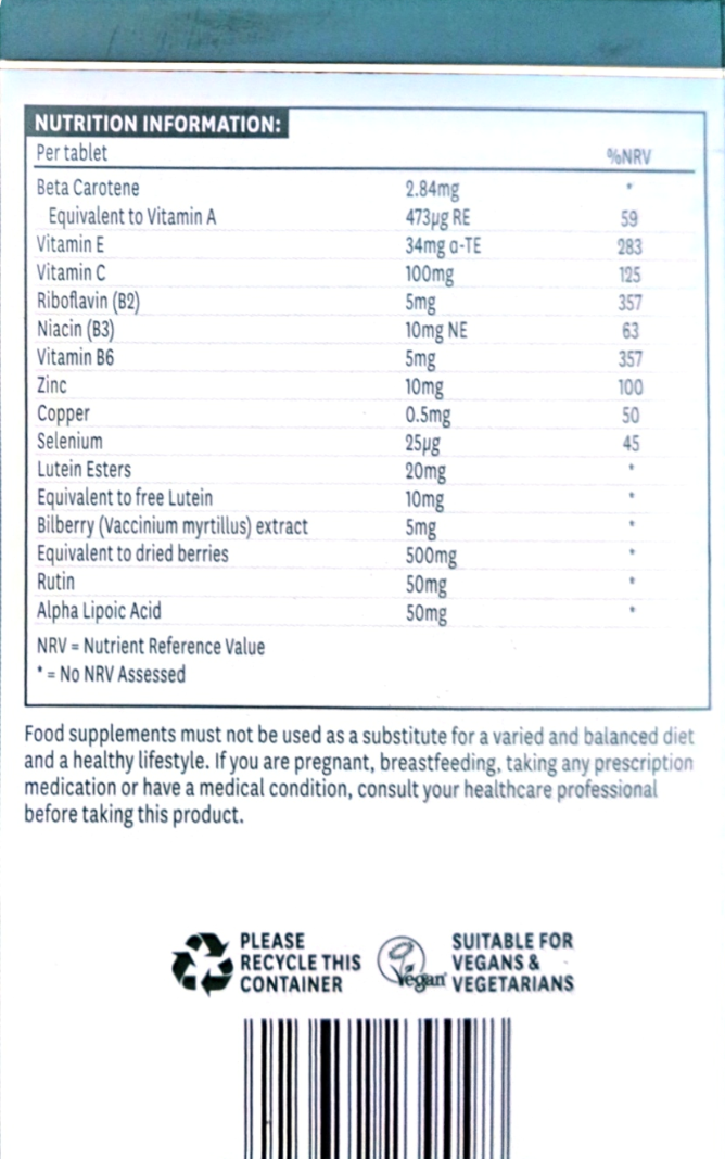 Back of a supplement box showing nutrition information, ingredients list, and recycling symbols on a white background.