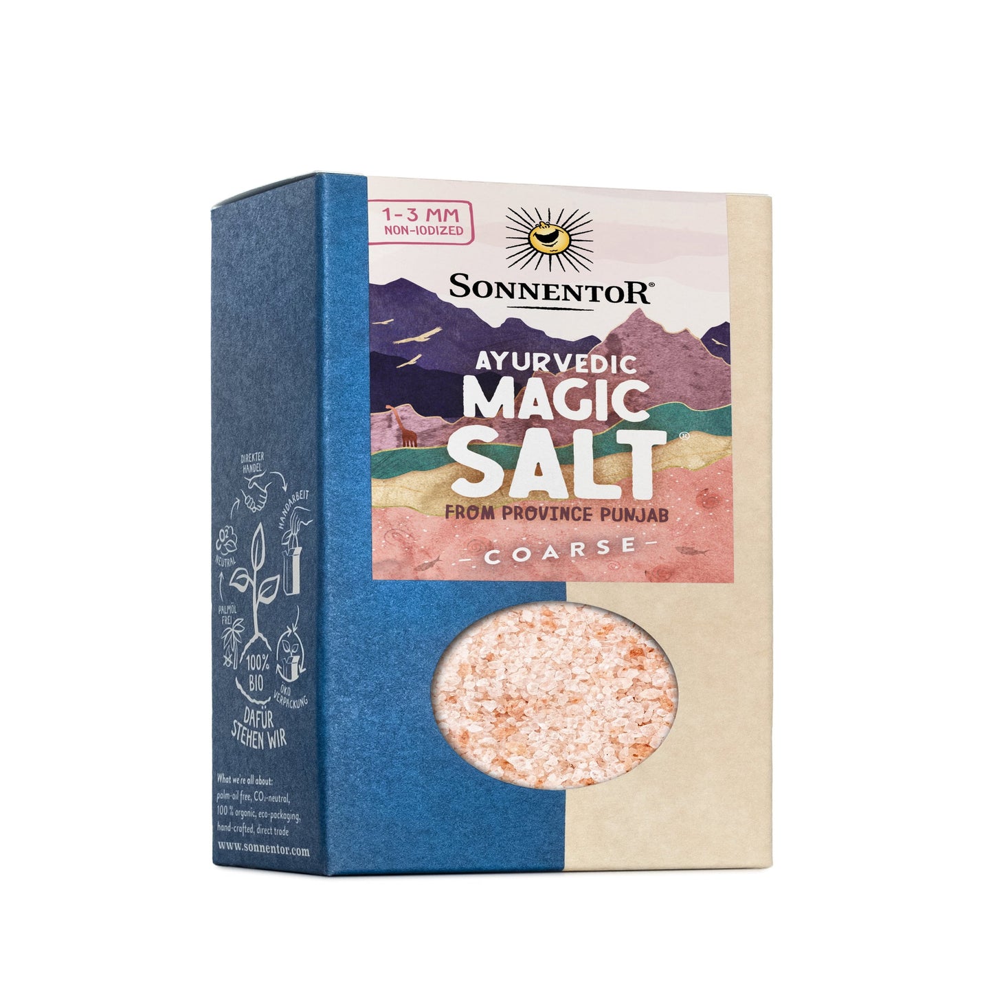 Sonnentor Ayurveda Magic Salt for Mills in a 150g pack, coarse pink salt designed for grinders.