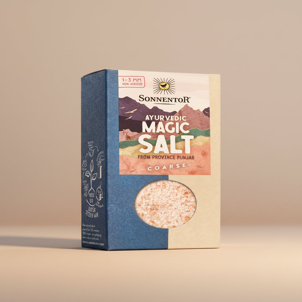 Sonnentor Ayurveda Magic Salt for Mills in a 150g pack, coarse pink salt designed for grinders.
