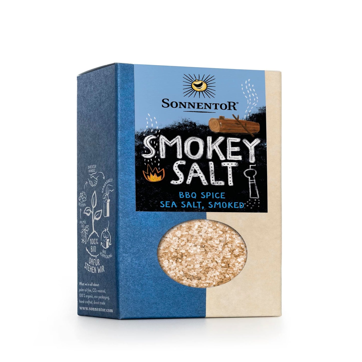 Sonnentor Smokey Salt in a 150g box, organic and naturally smoked for bold flavors.