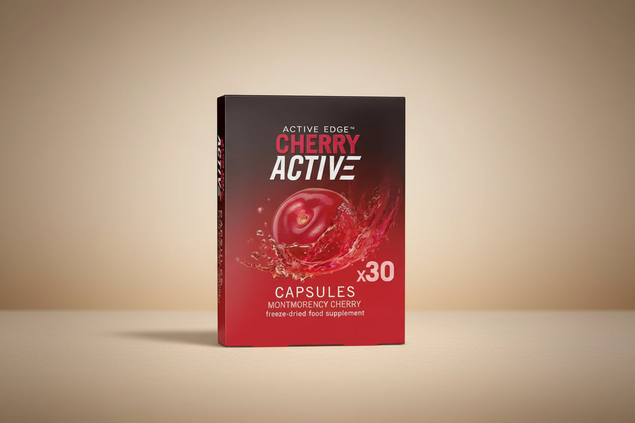 Box of Cherry Active capsules with Montmorency cherry on a white background