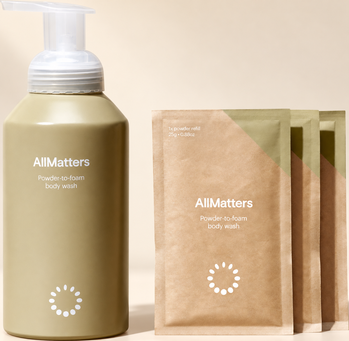 AllMatters Body Wash Starter Kit with reusable bottle and three powder refills