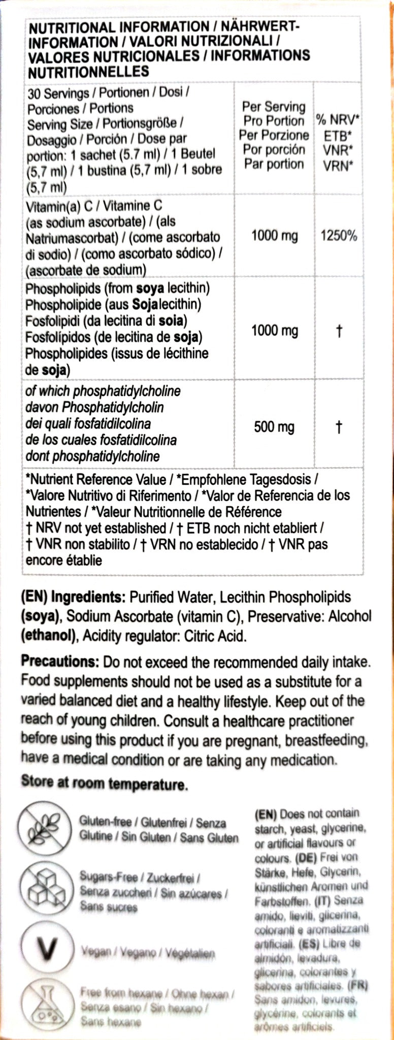 Altrient C nutrition label: vitamin C 1000mg, phospholipids 1000mg and phosphatidylcholine 500mg per sachet