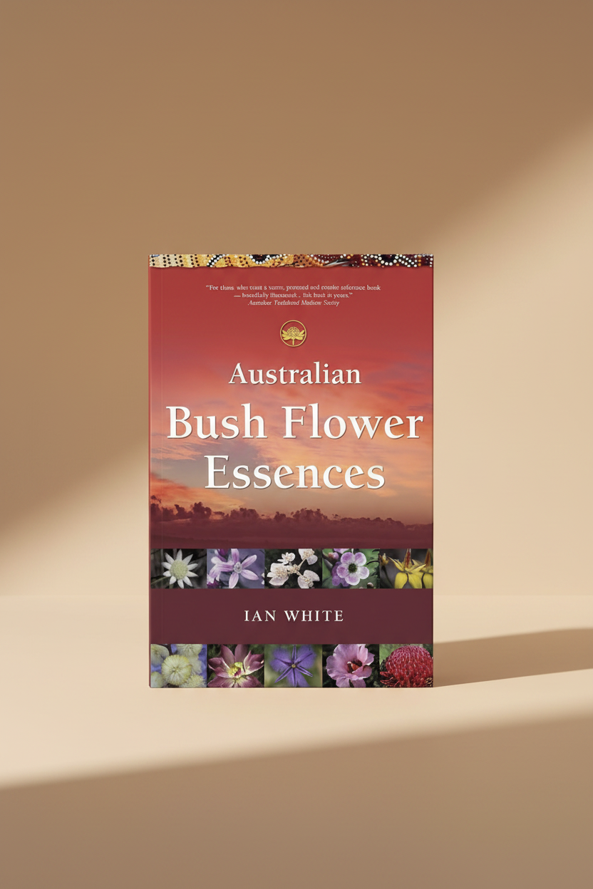 Book cover for 'Australian Bush Flower Essences' by Ian White, featuring a warm sunset sky, silhouetted trees, and a band of illustrated Australian flowers along the bottom.