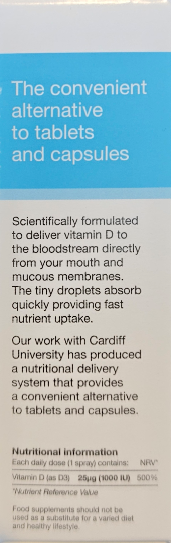 Product label for a vitamin D supplement alternative to tablets and capsules, with text and nutritional information.