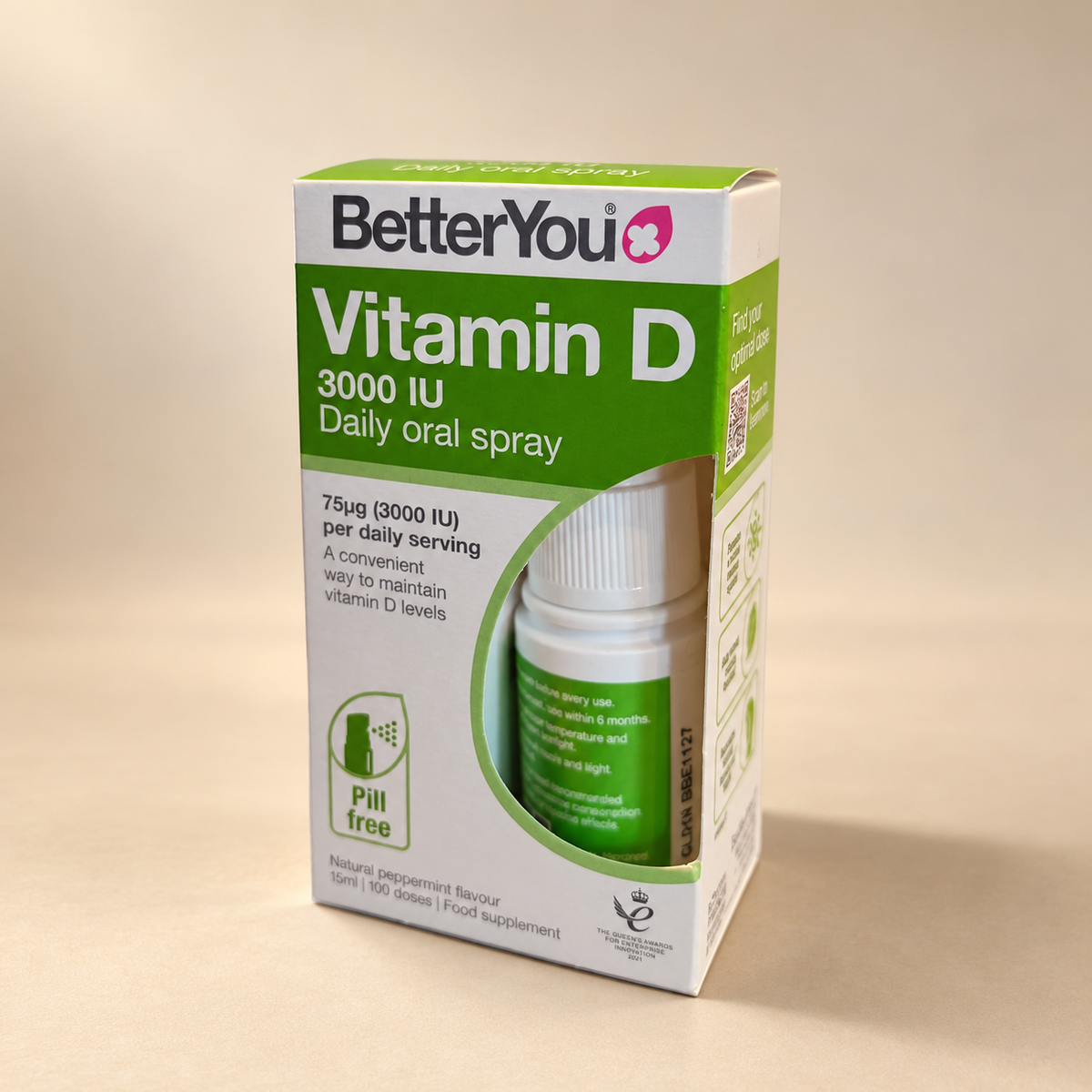 BetterYou Vitamin D 3000 IU 15ml carton on a warm beige background