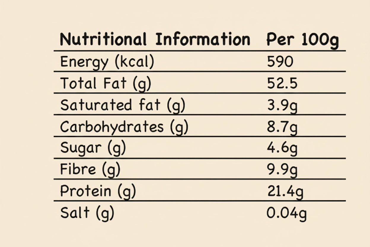 Nutritional information table per 100g on a white background