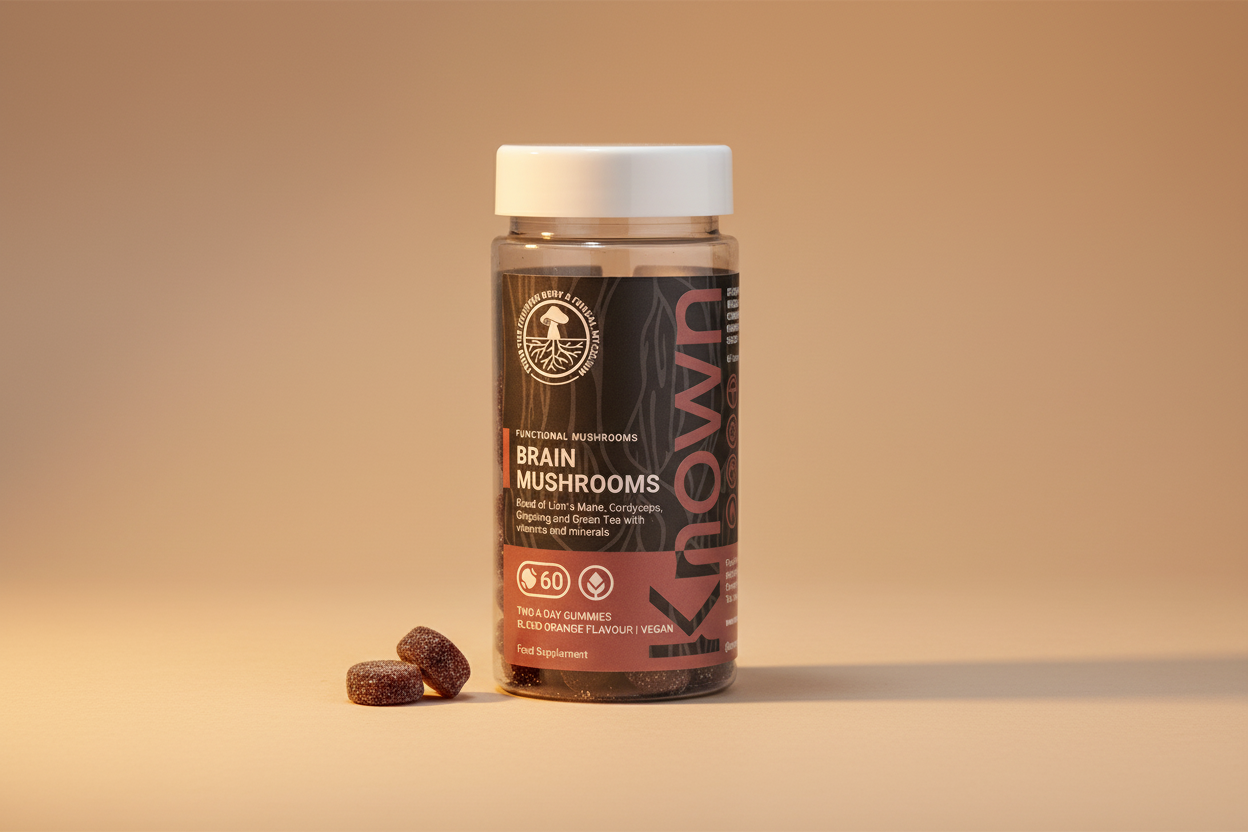 "Front view of Known Brain Mushrooms Gummies VEGAN, 60-count bottle with a couple of gummies around it."