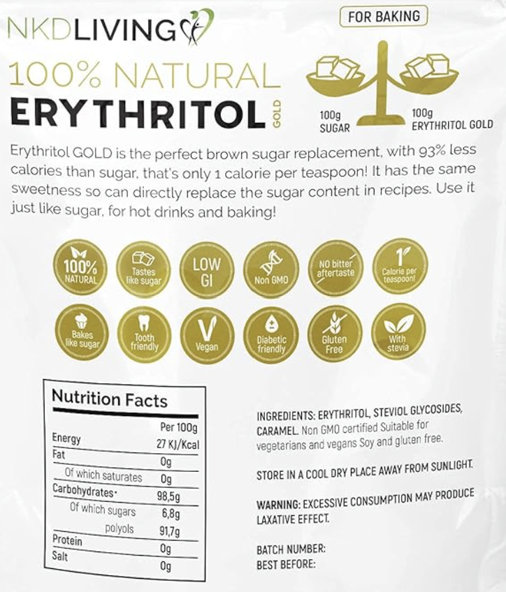 Erythritol product packaging with nutritional information and benefits listed.