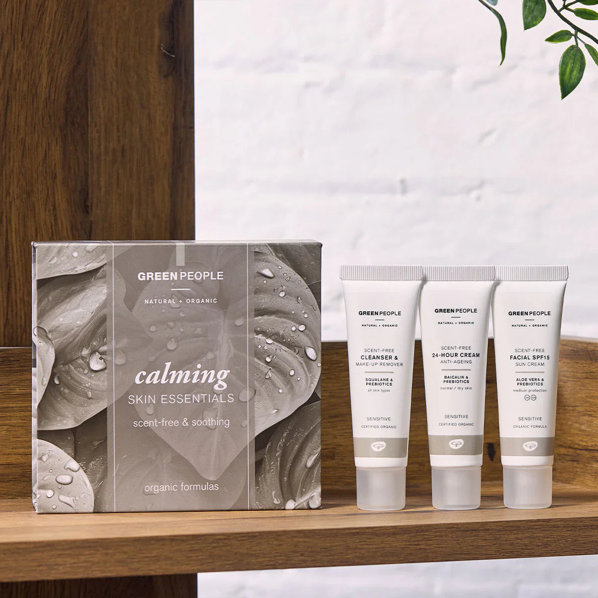 Calming Skin Essentials packaging with three 30ml fragrance-free skincare products.