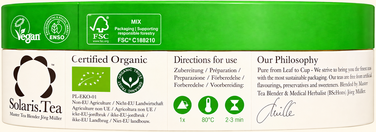 Solaris Chun Mee Green Tea – 15 Organic Tea Bags — complete readable product label