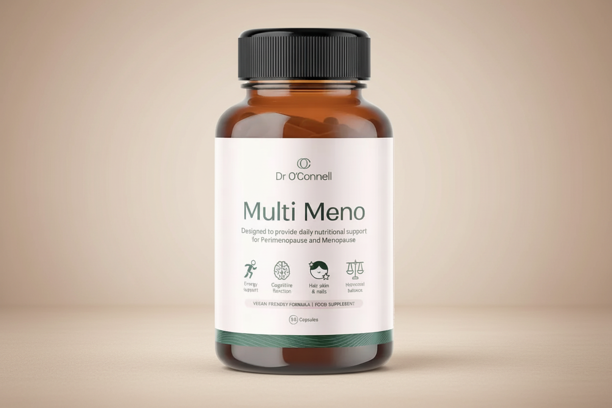 Bottle of Dr. O'Connell Multi Meno supplement on a pink background