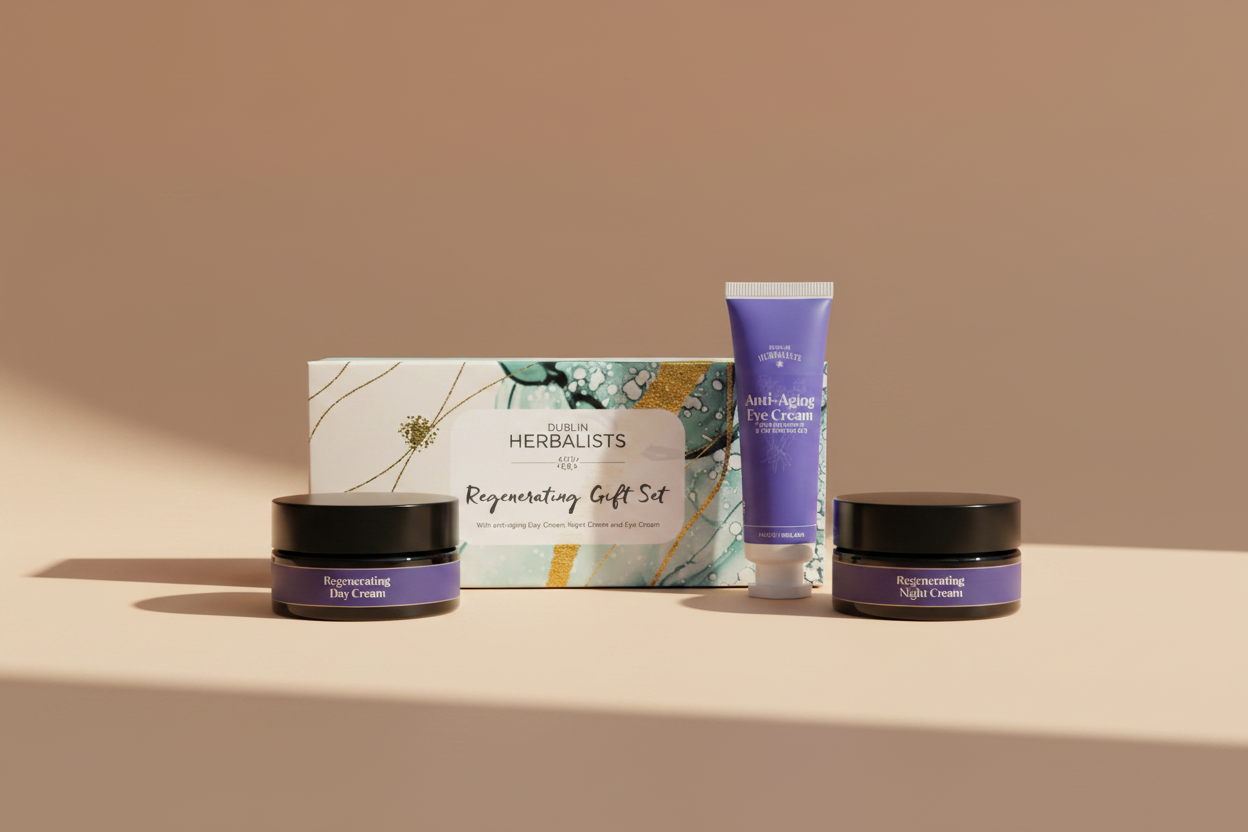 A collage of skincare product screenshots showing a lavender and black jar labeled 'Regenerating Night Cream' with its box, a matching tube labeled 'Anti-Aging Day Cream,' and a gift set card from 'The Herbalists Co.' on a dark desktop interface.