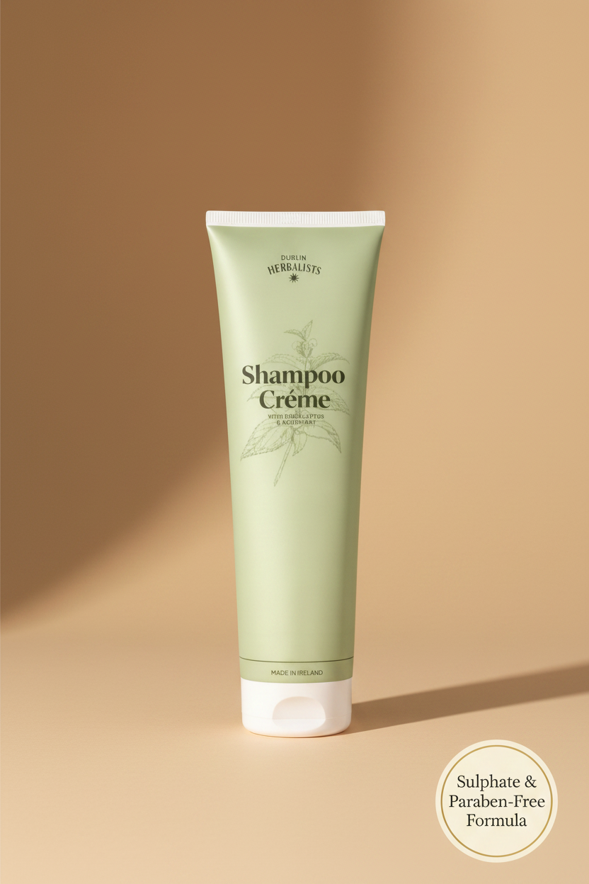 A light sage green squeeze tube of Dublin Herbalists Shampoo Crème with a white cap, shown against a clean white background.