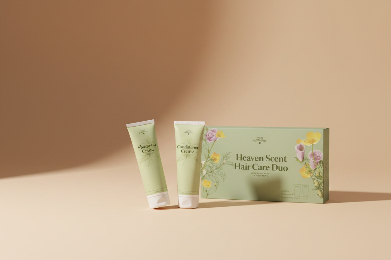 Heaven Scent Hair Care Duo set featuring two light green squeeze tubes of shampoo and conditioner cream next to their matching illustrated green box on a white background.