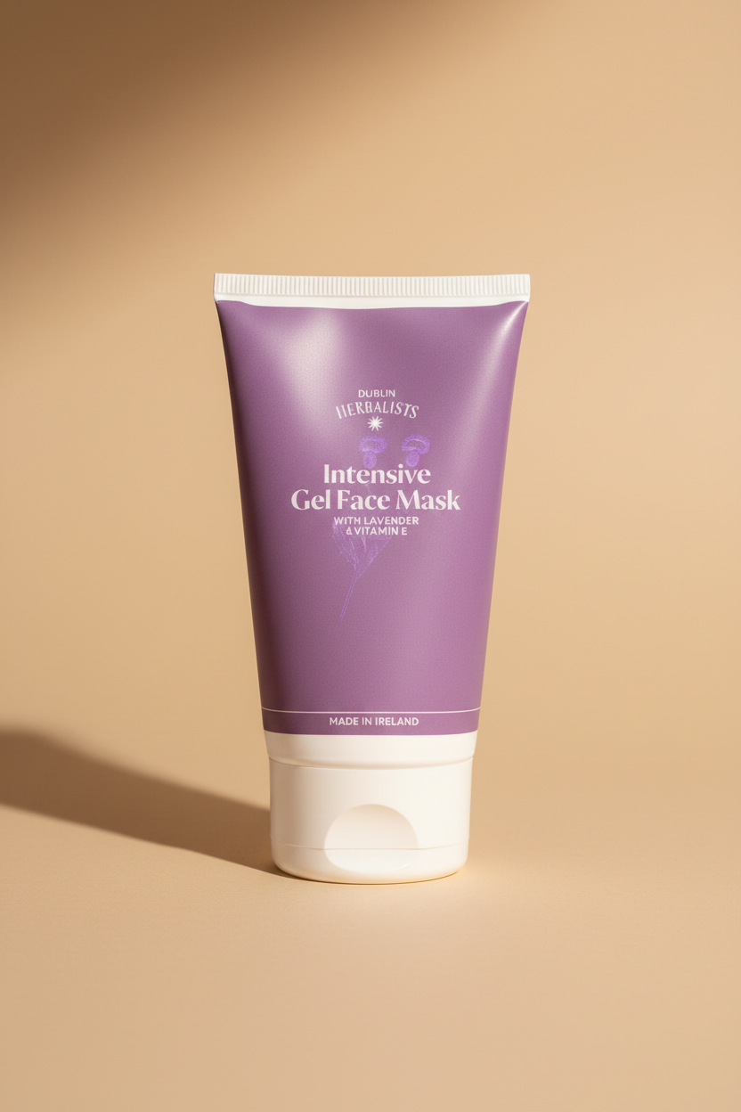 A purple squeeze tube of Dublin Herbalists Intensive Gel Face Mask with lavender and vitamin E, on a white background.