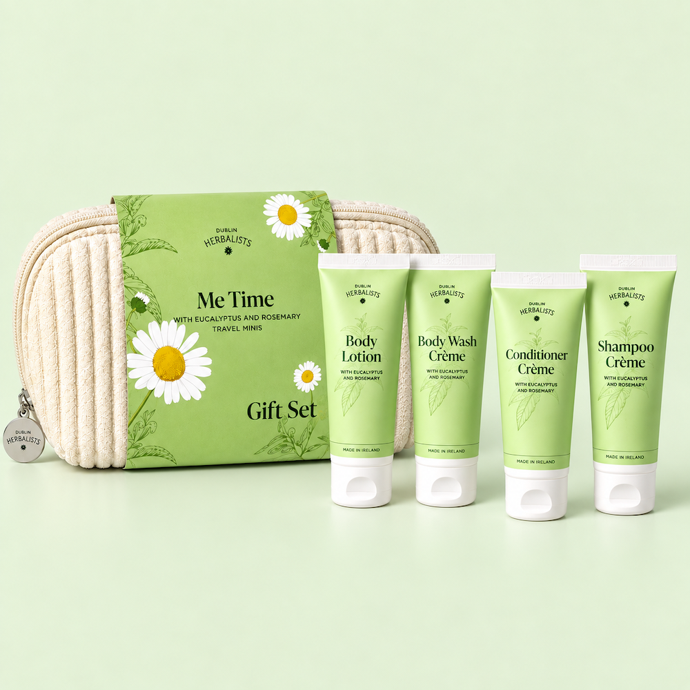 Dublin Herbalists Me Time travel gift set with four 50ml hair and body products and reusable toiletry bag