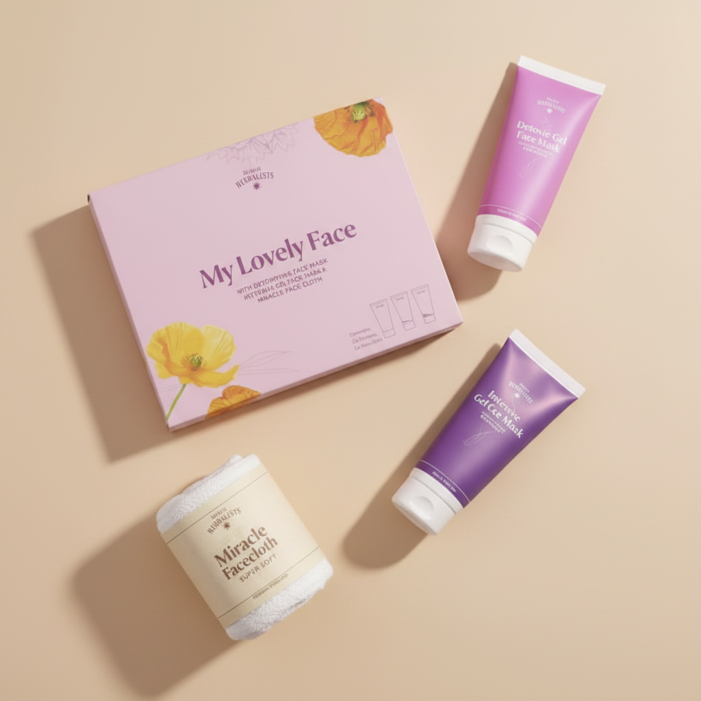 Beauty gift set featuring a pink box labeled 'My Lovely Face' alongside a white towel labeled 'Miracle Facecloth' and two purple tubes of facial mask and gel, arranged on a white background.