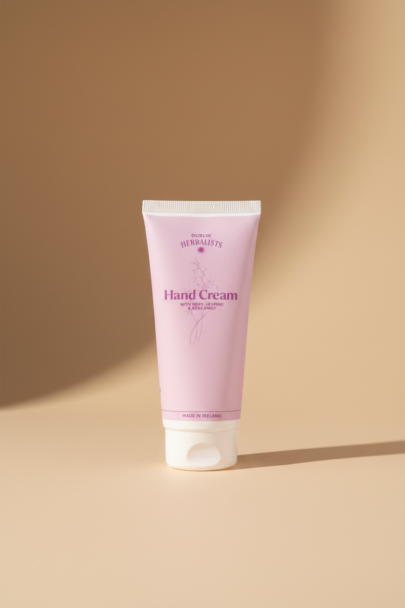 A light pink squeeze tube of Dublin Herbalists Hand Cream with white cap, on a clean white background.