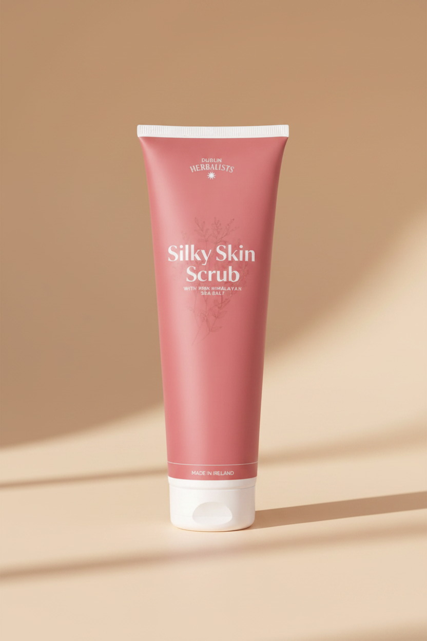 A pink squeeze tube of Curen Naturals 'Silky Skin Scrub' with white text and a white cap, set against a plain white background.