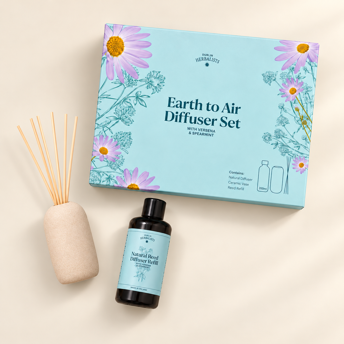 Dublin Herbalists Verbena & Spearmint Diffuser Gift Set – 200ml refill, ceramic vase, reeds and gift box