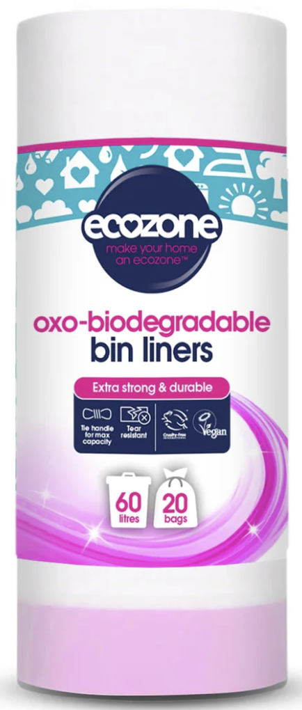 Roll of ecozone oxo-biodegradable bin liners with packaging details.