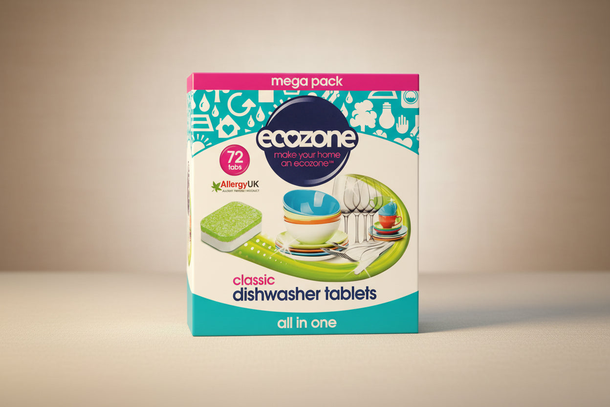 Pack of ecozone dishwasher tablets with colorful design on a white background