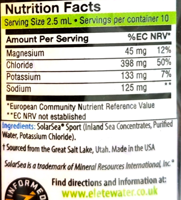 A close-up of a Nutrition Facts label for SolarSea Sport, showing serving size 2.5 mL, servings per container 10, and a nutrient table with magnesium, chloride, potassium, and sodium amounts.