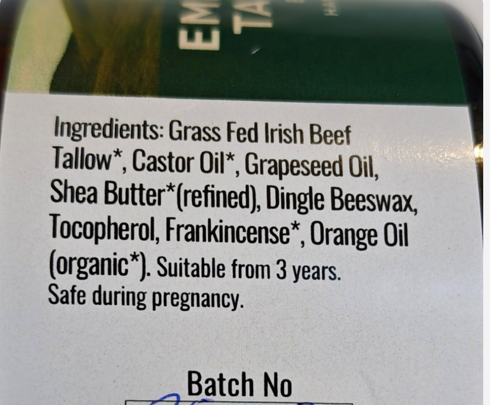 Product label with ingredients list on a white background