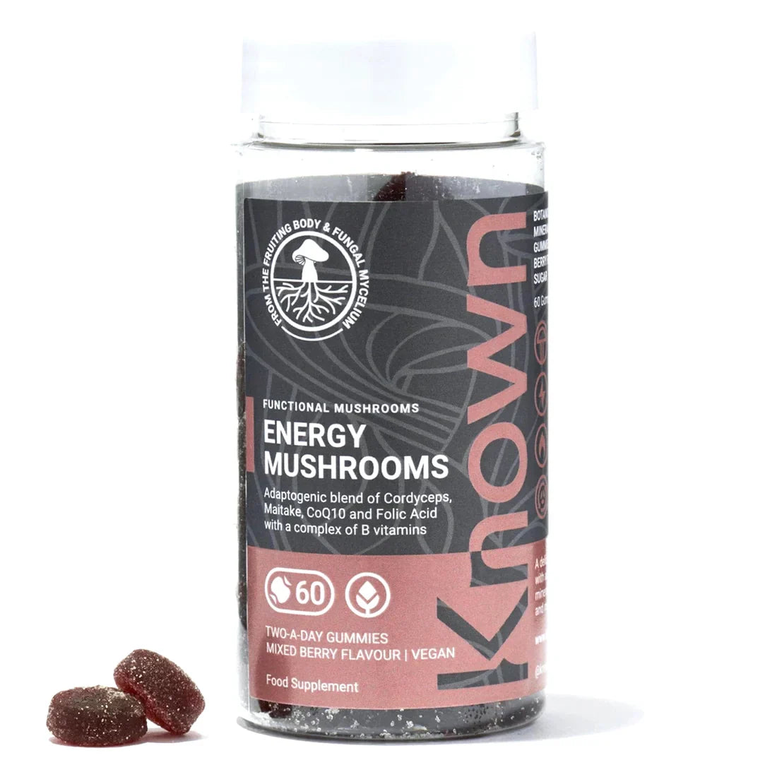 "Front view of Energy Mushrooms Gummies VEGAN, 60-count bottle with a couple of gummies around it."
