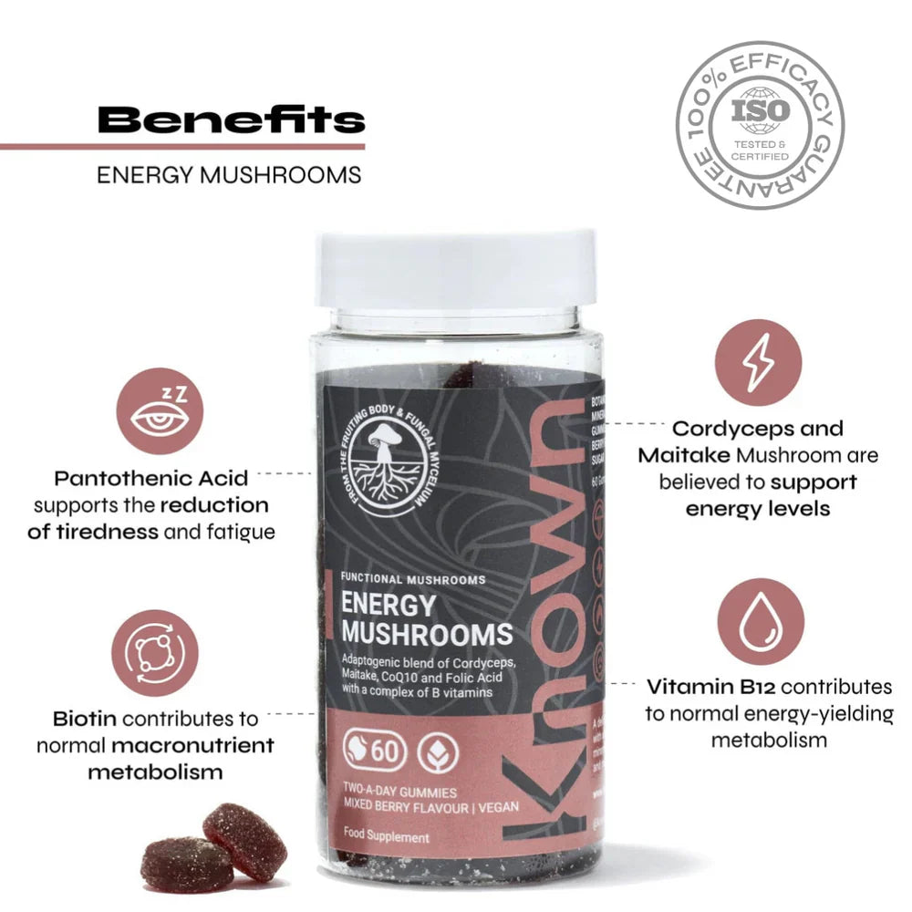 "Energy Mushrooms Gummies VEGAN bottle highlighting natural