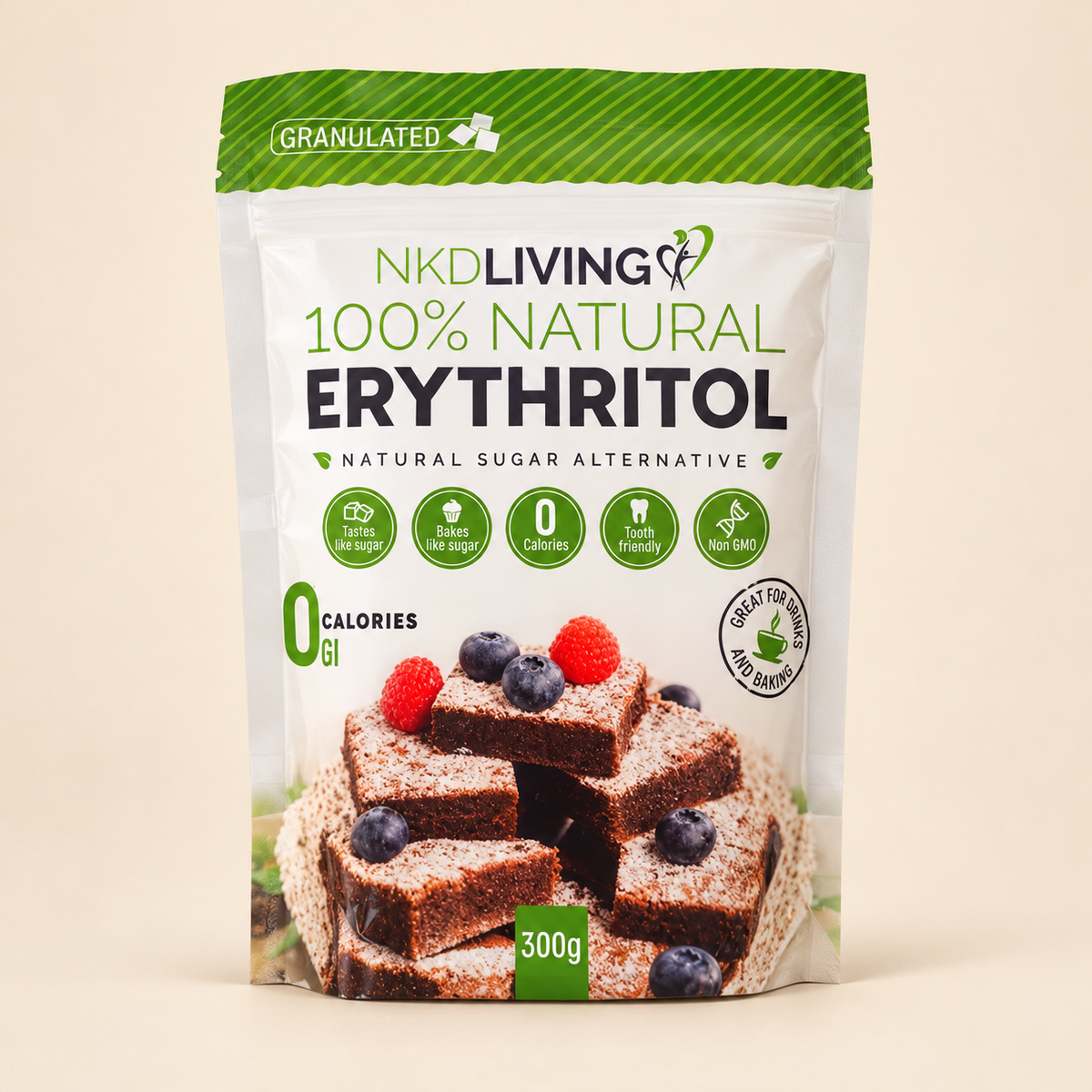 NKD Living Erythritol Granulated Natural Sugar Alternative – 300g — current product packaging on a warm cream background