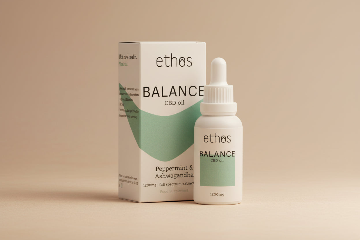 Ethos Balance CBD oil packaging with bottle and box on a white background