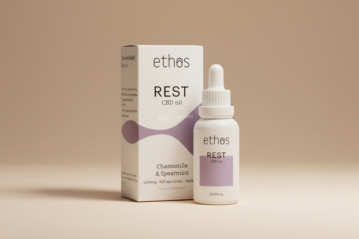 Ethos Rest CBD oil packaging on a white background