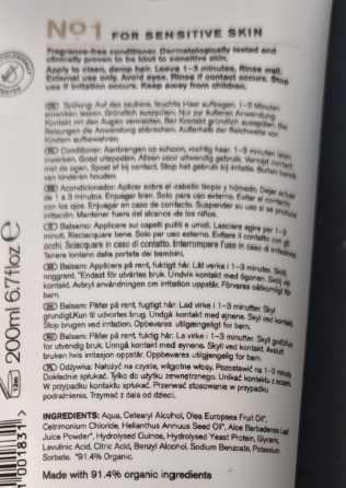 Product label for sensitive skin with text and ingredients listed