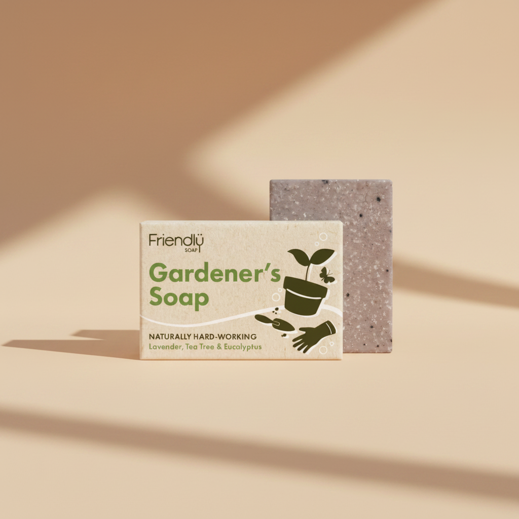 Friendly Soap Gardener's Soap bar with its kraft paper packaging box, featuring green text and gardening illustrations on a white background.