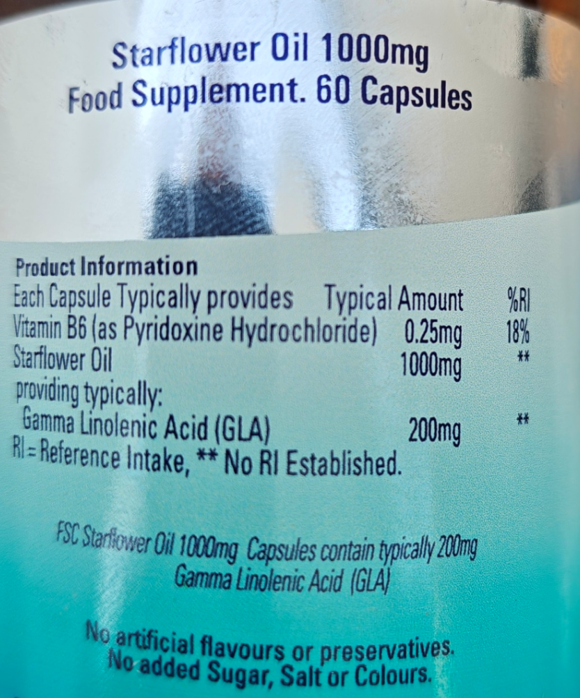 Starflower Oil 1000mg food supplement container with product information.