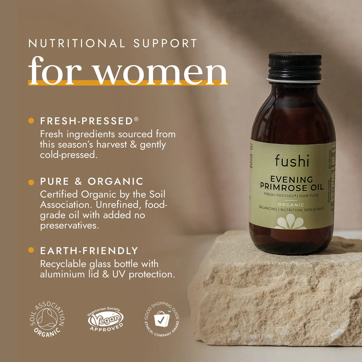 Fushi Evening Primrose Oil next to salad and skincare items
