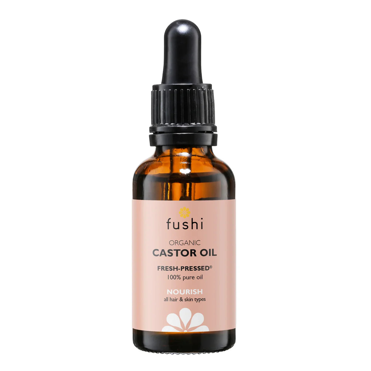 "Front view of Fushi Organic Castor Oil, 30ml dropper bottle, 100% pure cold-pressed oil for hair, skin, and lashes."