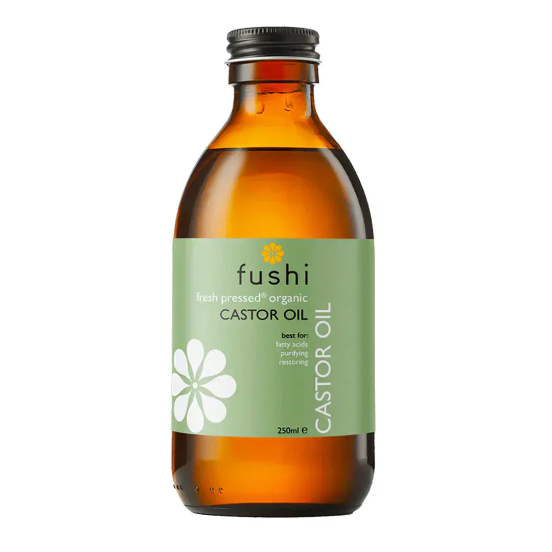 "Front view of Fushi Organic Castor Oil, 250ml bottle, cold-pressed for hair, skin, and eyelashes."