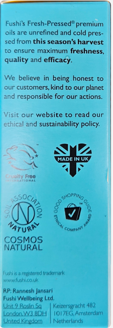 Product packaging with text about Fushi's Fresh-Pressed oils, including sustainability information.