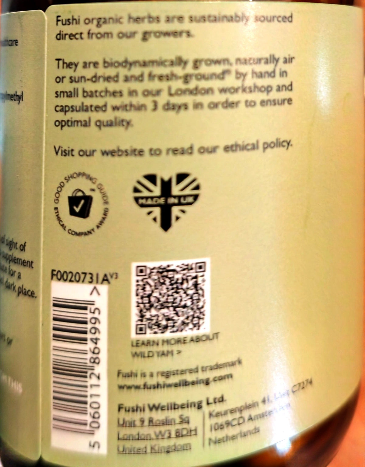Fushi Wild Yam sourcing and manufacturer label with Made in UK mark and barcode