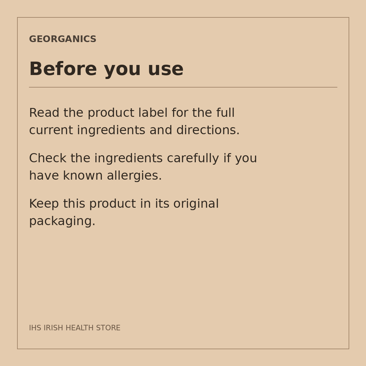 Georganics Spearmint Bionylon Dental Floss – 50m: before you use on a beige information card